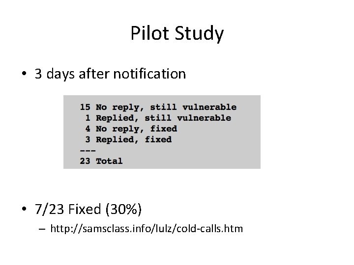 Pilot Study • 3 days after notification • 7/23 Fixed (30%) – http: //samsclass.