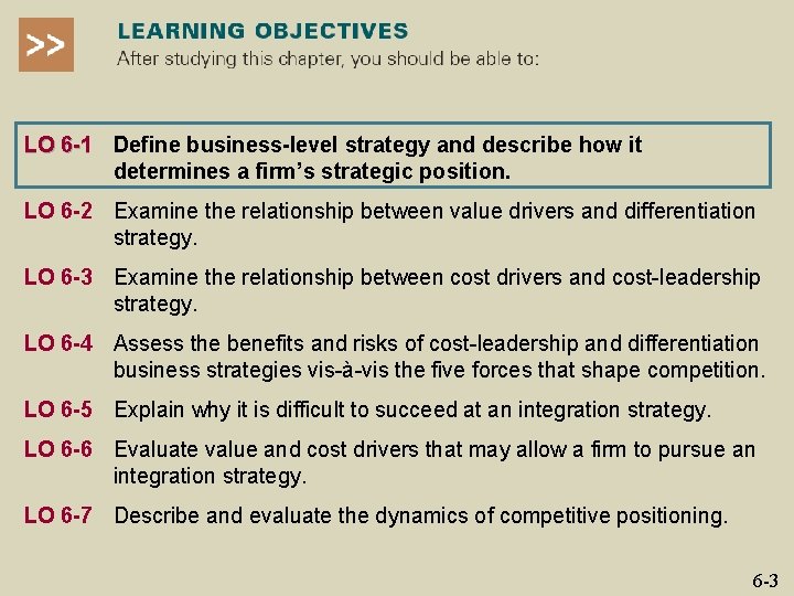 LO 6 -1 Define business-level strategy and describe how it determines a firm’s strategic