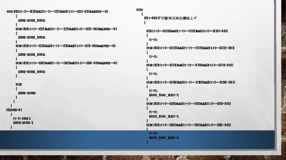 else if(((rx+r)>=X[3])&&((ry+r)==Y[3])&&((rx-r)<=X[3]+50)&&jump==0) { jump=jump_temp; } else if(((rx+r)>=X[2])&&((ry+r)==Y[2])&&((rx-r)<=X[2]+50)&&jump==0) { jump=jump_temp; } else if(((rx+r)>=X[1])&&((ry+r)==Y[1])&&((rx-r)<=X[1]+50)&&jump==0) { jump=jump_temp;