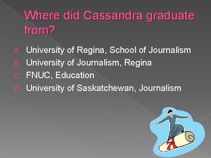 Where did Cassandra graduate from? University of Regina, School of Journalism B. University of