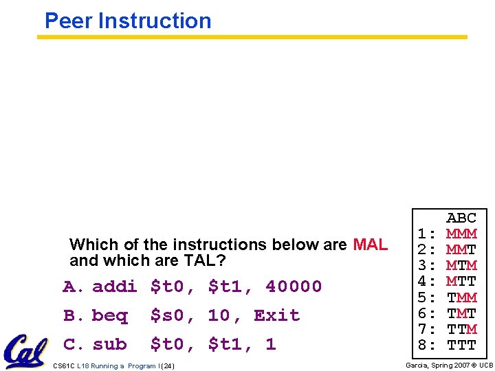 Peer Instruction Which of the instructions below are MAL and which are TAL? A.