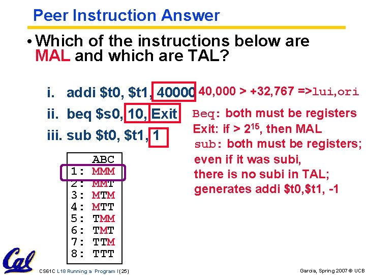 Peer Instruction Answer • Which of the instructions below are MAL and which are