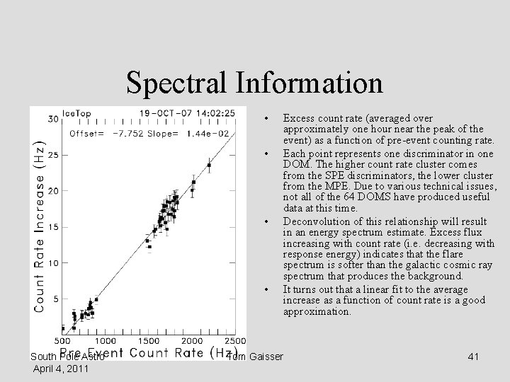 Spectral Information • • South Pole Astro April 4, 2011 Tom Gaisser Excess count