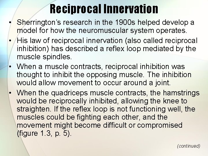 Reciprocal Innervation • Sherrington’s research in the 1900 s helped develop a model for