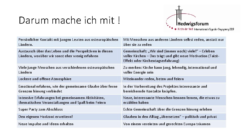 Darum mache ich mit ! Persönlicher Kontakt mit jungen Leuten aus osteuropäischen Ländern. Mit