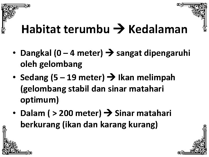 Habitat terumbu Kedalaman • Dangkal (0 – 4 meter) sangat dipengaruhi oleh gelombang •