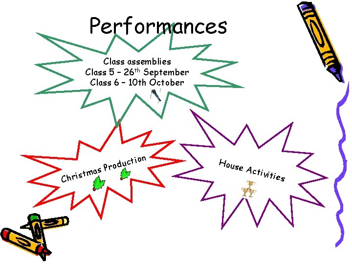 Performances Class assemblies Class 5 – 26 th September Class 6 – 10 th