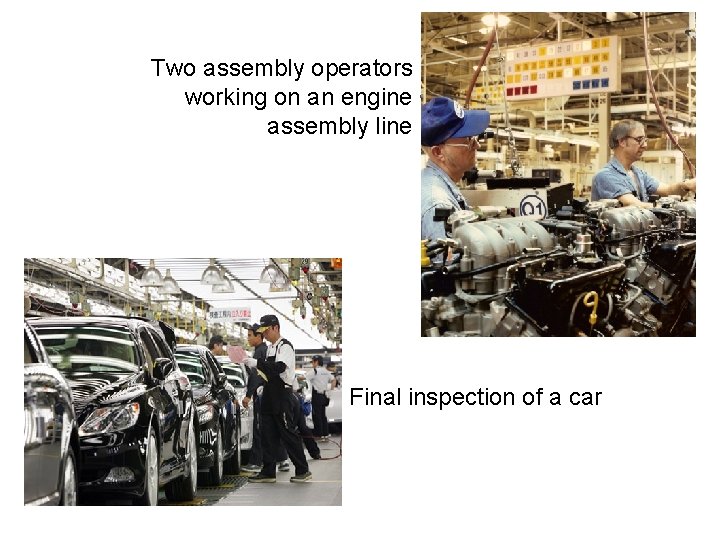 Two assembly operators working on an engine assembly line Final inspection of a car