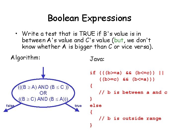 Boolean Expressions • Write a test that is TRUE if B's value is in Boolean Expressions • Write a test that is TRUE if B's value is in
