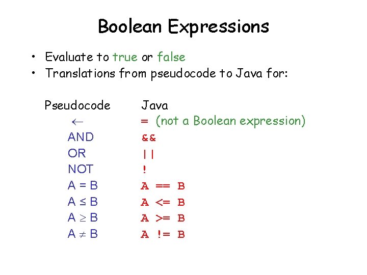 Boolean Expressions • Evaluate to true or false • Translations from pseudocode to Java Boolean Expressions • Evaluate to true or false • Translations from pseudocode to Java