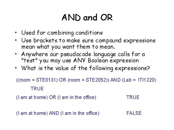AND and OR • Used for combining conditions • Use brackets to make sure AND and OR • Used for combining conditions • Use brackets to make sure
