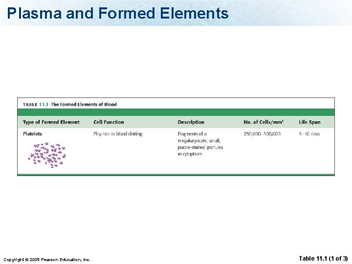 Plasma and Formed Elements Copyright © 2009 Pearson Education, Inc. Table 11. 1 (1