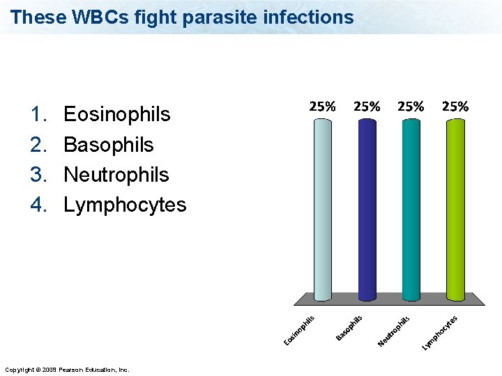 These WBCs fight parasite infections 1. 2. 3. 4. Eosinophils Basophils Neutrophils Lymphocytes Copyright
