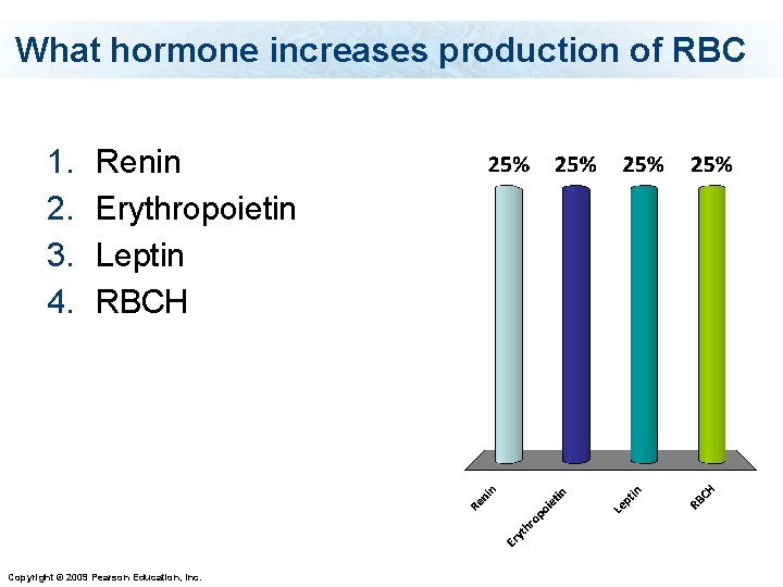 What hormone increases production of RBC 1. 2. 3. 4. Renin Erythropoietin Leptin RBCH