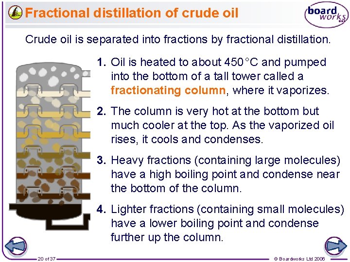 Fractional distillation of crude oil Crude oil is separated into fractions by fractional distillation.