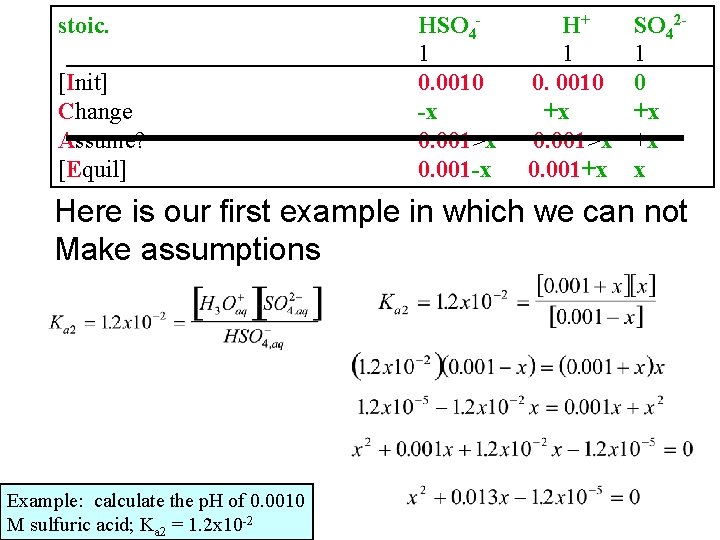 stoic. [Init] Change Assume? [Equil] HSO 41 0. 0010 -x 0. 001>x 0. 001