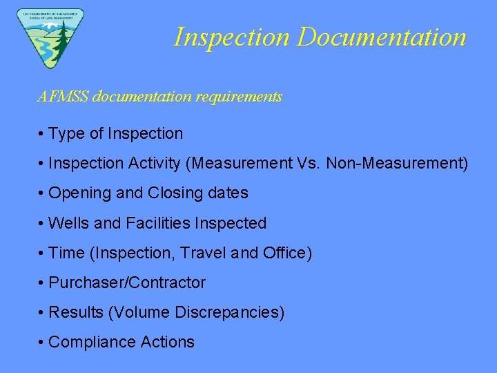 Inspection Documentation AFMSS documentation requirements • Type of Inspection • Inspection Activity (Measurement Vs.