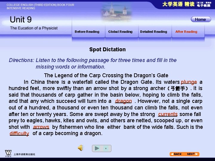 Before Reading Global Reading Detailed Reading After Reading Spot Dictation Directions: Listen to the