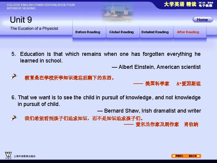 Before Reading Global Reading Detailed Reading After Reading 5. Education is that which remains