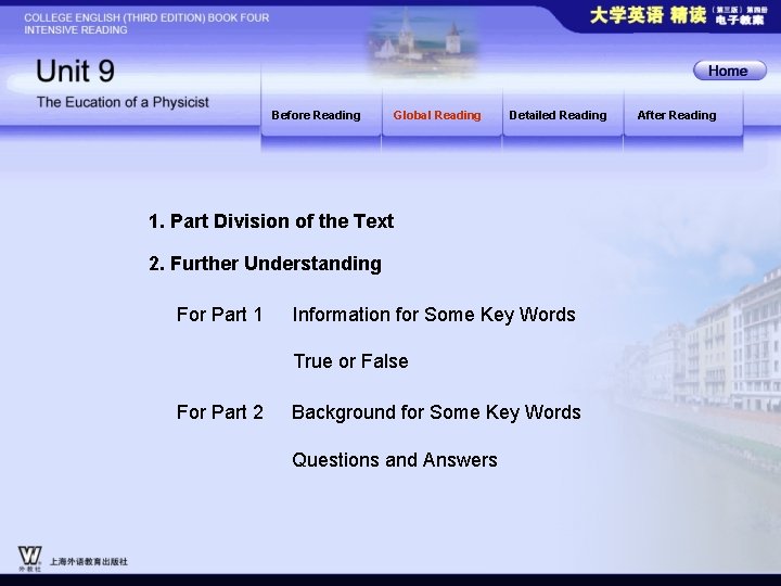 Before Reading Global Reading Detailed Reading 1. Part Division of the Text 2. Further