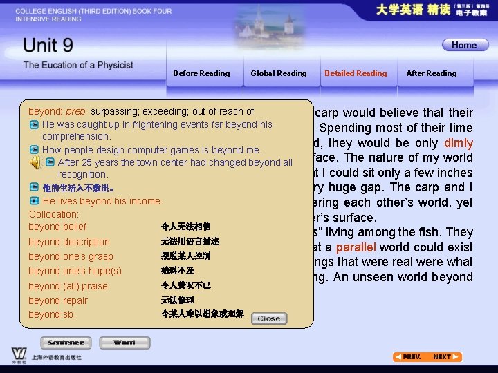 Before Reading Global Reading Detailed Reading After Reading beyond: prep. surpassing; out of reach