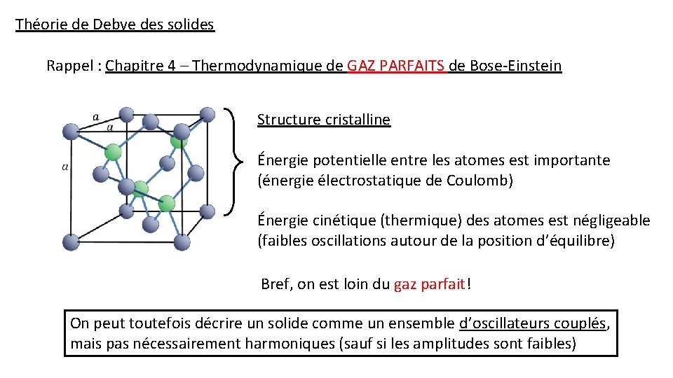 Théorie de Debye des solides Rappel : Chapitre 4 – Thermodynamique de GAZ PARFAITS