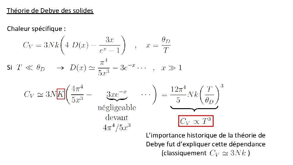 Théorie de Debye des solides Chaleur spécifique : Si L’importance historique de la théorie