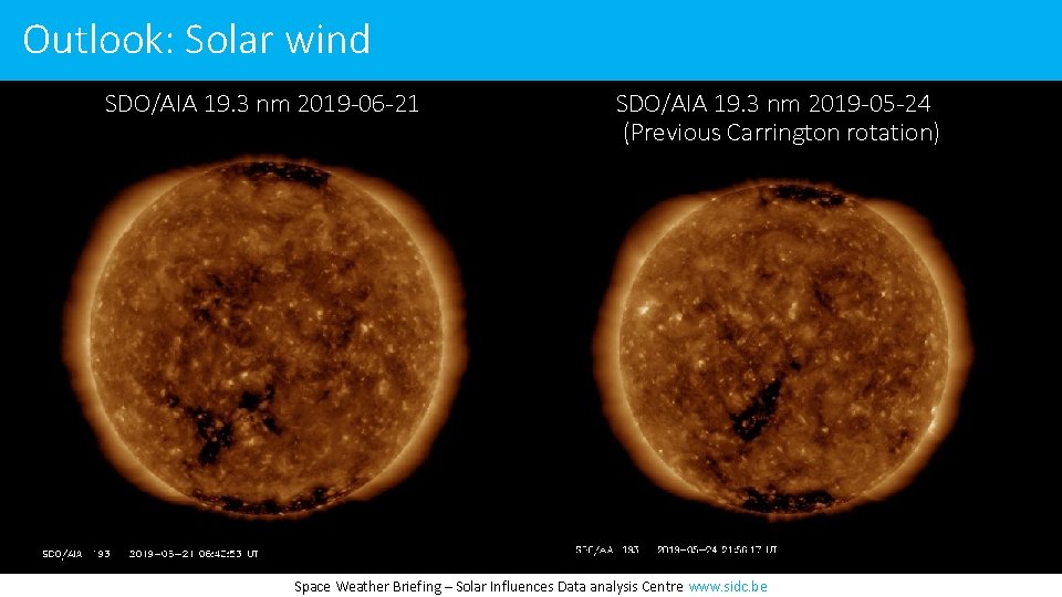 Outlook: Solar wind SDO/AIA 19. 3 nm 2019 -06 -21 SDO/AIA 19. 3 nm