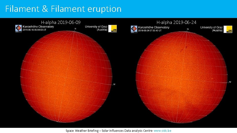 Filament & Filament eruption H-alpha 2019 -06 -09 H-alpha 2019 -06 -24 Space Weather