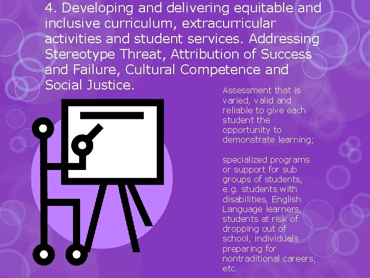 4. Developing and delivering equitable and inclusive curriculum, extracurricular activities and student services. Addressing