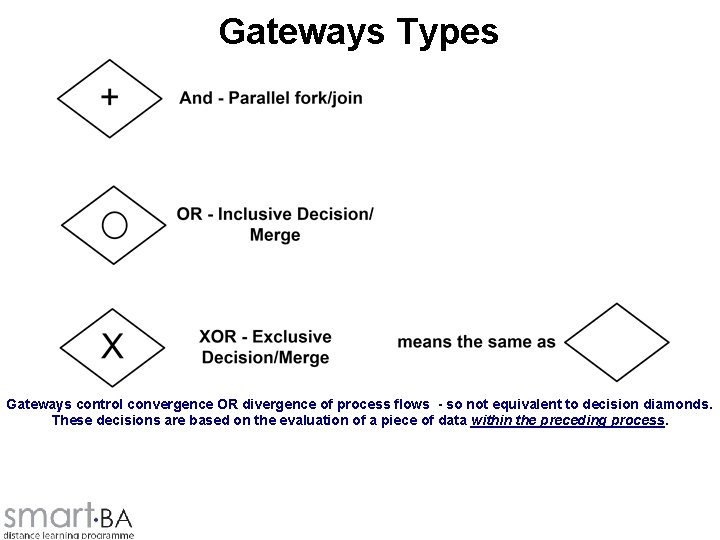 Gateways Types Gateways control convergence OR divergence of process flows - so not equivalent