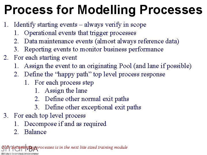 Process for Modelling Processes 1. Identify starting events – always verify in scope 1.