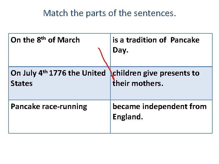 Match the parts of the sentences. On the 8 th of March is a