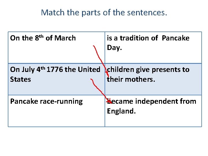 Match the parts of the sentences. On the 8 th of March is a