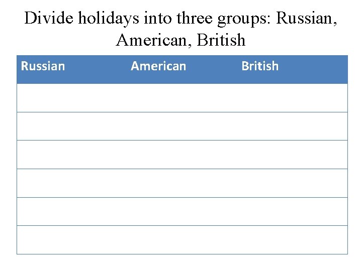 Divide holidays into three groups: Russian, American, British Russian American British 