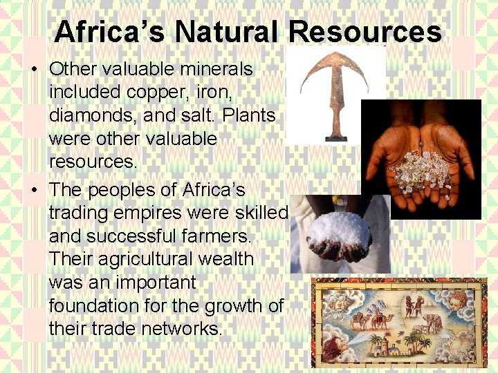 Africa’s Natural Resources • Other valuable minerals included copper, iron, diamonds, and salt. Plants