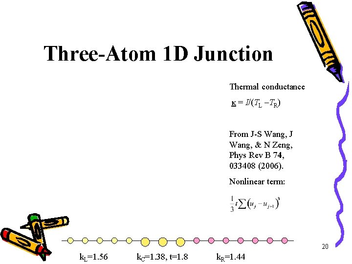 Three-Atom 1 D Junction Thermal conductance κ = I/(TL –TR) From J-S Wang, J