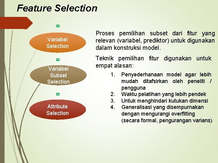 Feature Selection = Variabel Subset Selection = Attribute Selection Proses pemilihan subset dari fitur