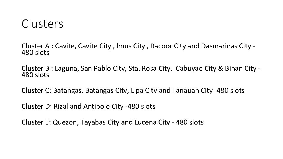 Clusters Cluster A : Cavite, Cavite City , lmus City , Bacoor City and