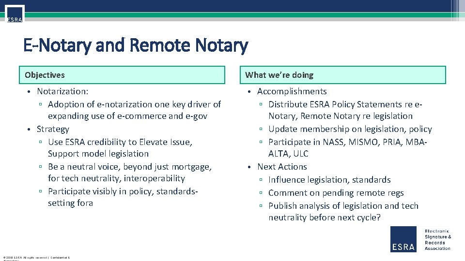E-Notary and Remote Notary Objectives What we’re doing • Notarization: ▫ Adoption of e-notarization