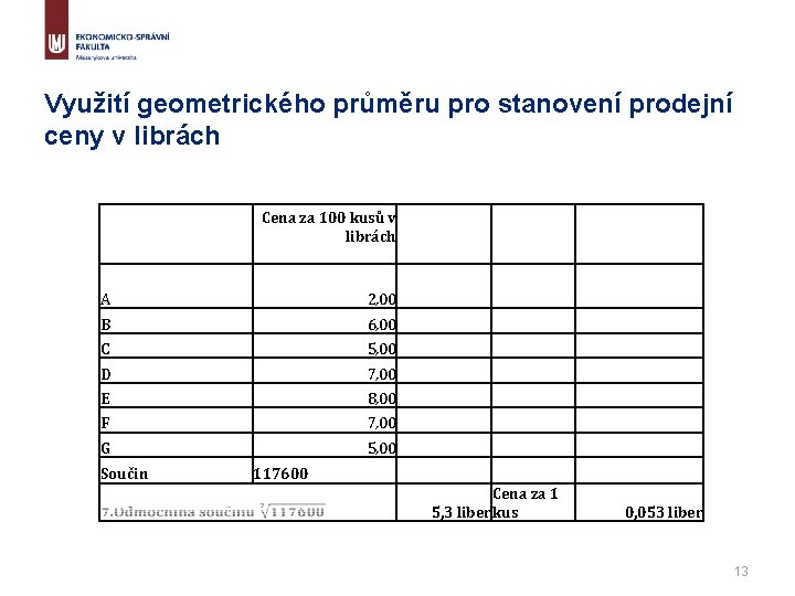 Využití geometrického průměru pro stanovení prodejní ceny v librách Cena za 100 kusů v