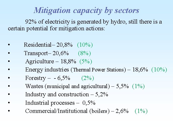 Mitigation capacity by sectors 92% of electricity is generated by hydro, still there is