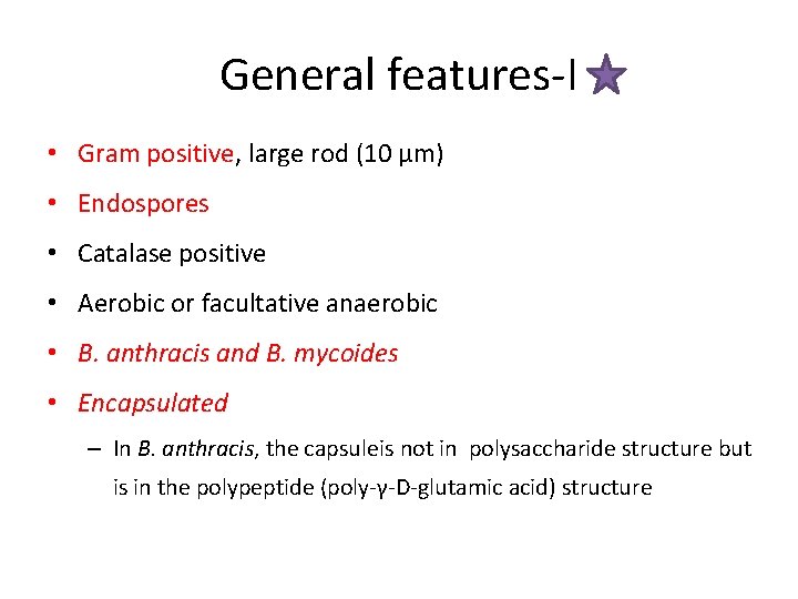 General features-I • Gram positive, large rod (10 μm) • Endospores • Catalase positive