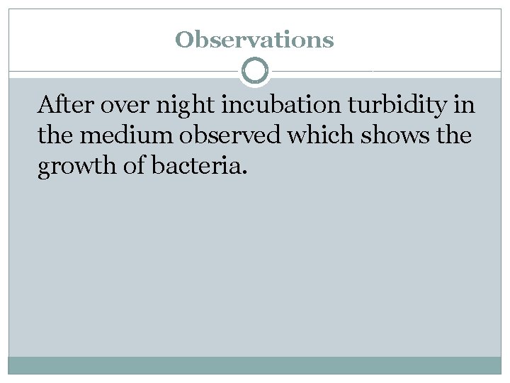 Observations After over night incubation turbidity in the medium observed which shows the growth