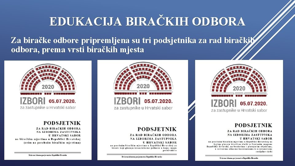 EDUKACIJA BIRAČKIH ODBORA Za biračke odbore pripremljena su tri podsjetnika za rad biračkih odbora,