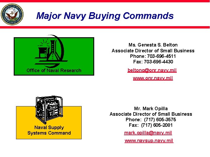 Major Navy Buying Commands Ms. Genesta S. Belton Associate Director of Small Business Phone: