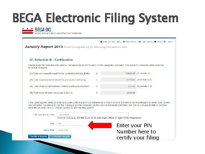 BEGA Electronic Filing System Enter your PIN Number here to certify your filing 