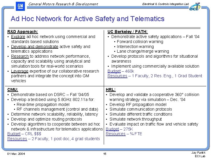 General Motors Research & Development Electrical & Controls Integration Lab Ad Hoc Network for