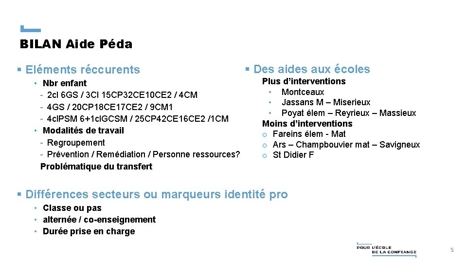 BILAN Aide Péda § Eléments réccurents • Nbr enfant - 2 cl 6 GS