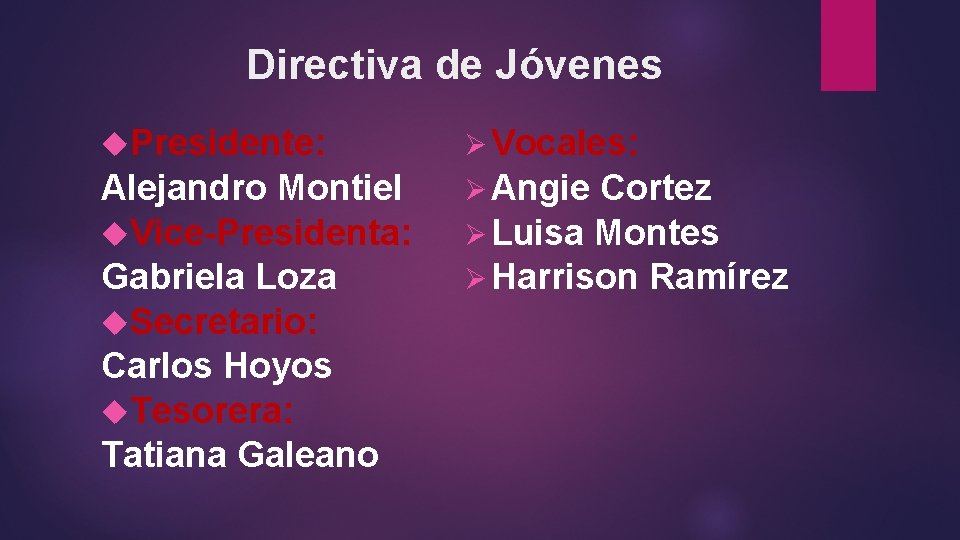 Directiva de Jóvenes Presidente: Ø Vocales: Alejandro Montiel Vice-Presidenta: Gabriela Loza Secretario: Carlos Hoyos